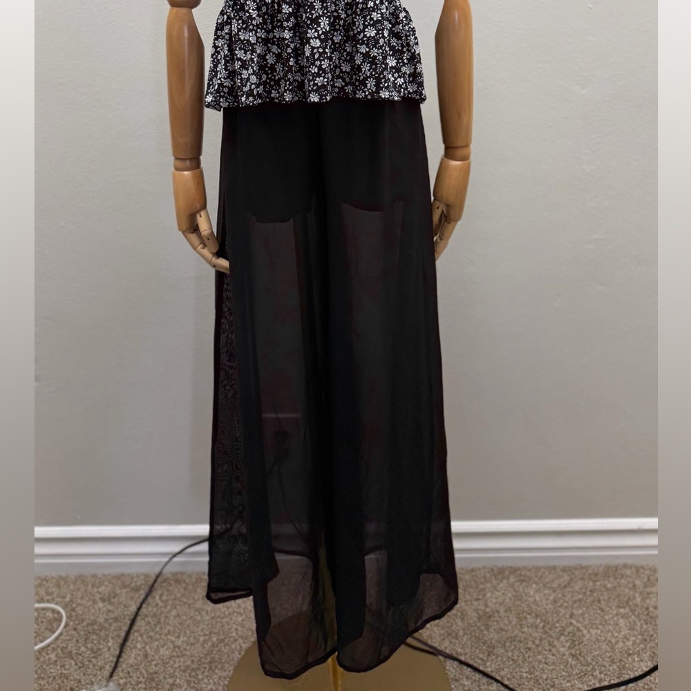 Oboe Black Sheer Wide Leg Pants Overlay Chiffon Elastic Waist Flowy Size S